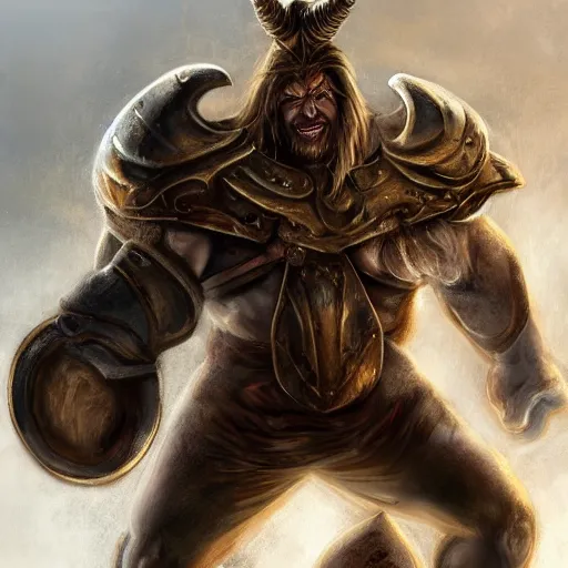 Image similar to Giant minotaur humanoid beast warrior with two handed axe, human face, concept art, heavy white and golden armor, impressive horns, long mane, full body, muscular, dungeons and dragons, hyperrealism, high details, digital painting, dark fantasy