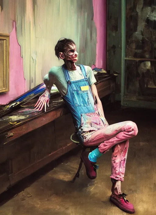 Prompt: an insane, skinny, artist wearing dirty, torn overalls, expressive painting, inside a grand messy studio, depth of field, hauntingly surreal, highly detailed oil painting, by francis bacon, edward hopper, adrian ghenie, glenn brown, soft light 4 k in pink, green and blue colour palette, cinematic composition, high quality octane render, masterpiece