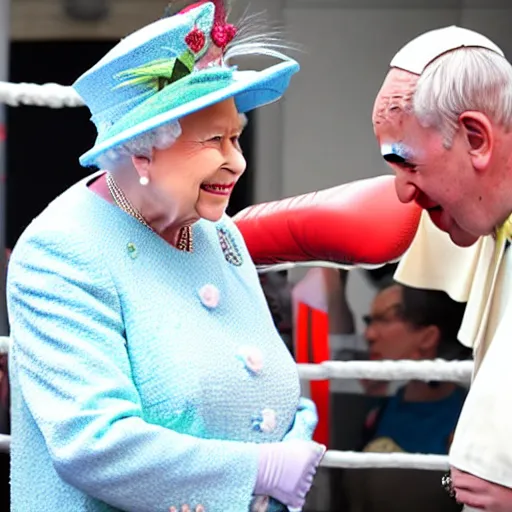 Image similar to the queen of england viciously attacks the pope in a boxing ring