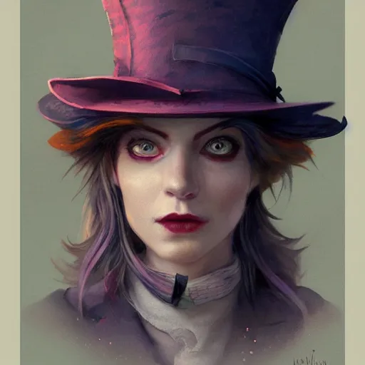 Image similar to realistic, full body portrait, alt female, mad hatter, style of by Jordan Grimmer and greg rutkowski, crisp lines and color,