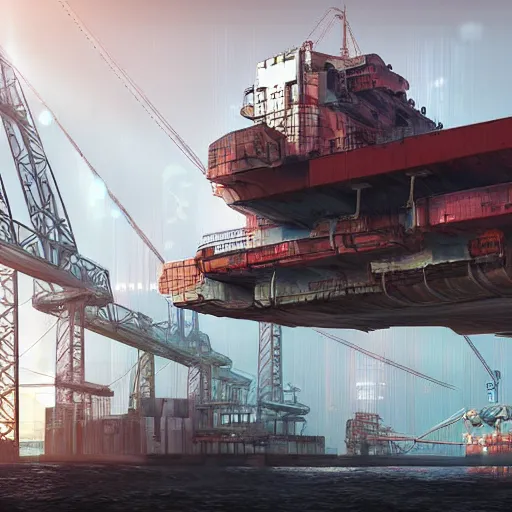 Image similar to Immense industrial futuristic cargo ship arrives at cyber punk city sea port, cinematic lighting, concept art