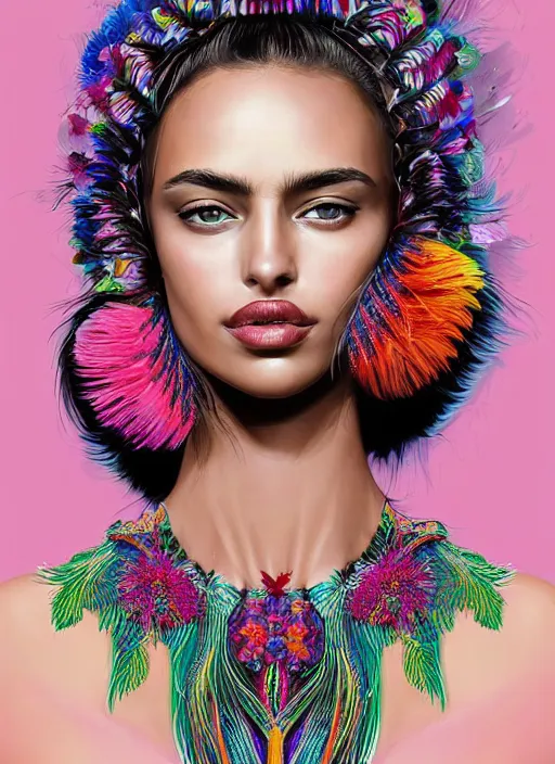 Image similar to beautiful portrait of Irina Shayk wearing fantastic dress,embellished beaded feather decorative fringe knots ,colorful pigtail,subtropical flowers and plants,perfect symmetrica body shape,symmetrical face,intricate,elegant,highly detailed,8k,post-processing,digital painting,harper's bazaar,trending on pinterest,concept art, sharp focus, illustration, by artgerm,Tom Bagshaw,Lawrence Alma-Tadema,greg rutkowski,golden ratio