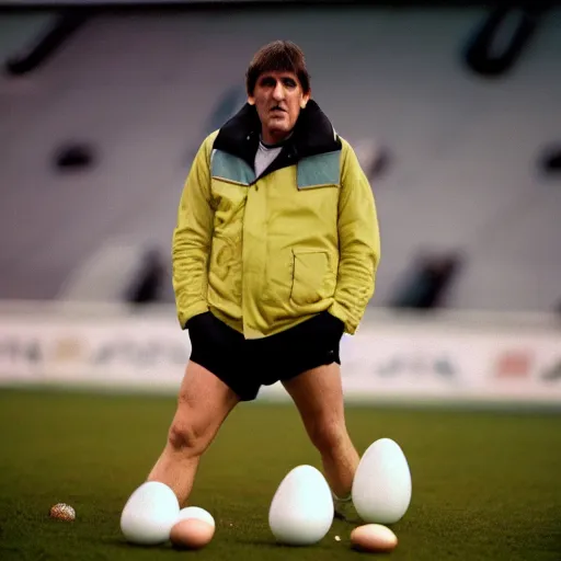 Prompt: peter beardsley wearing a puffa jacket surrounded by eggs