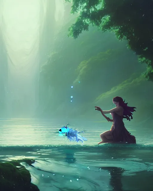 Image similar to highly detailed vfx portrait of a mage casting water magic, unreal engine, greg rutkowski, loish, rhads, beeple, makoto shinkai and lois van baarle, ilya kuvshinov, rossdraws, tom bagshaw, alphonse mucha, global illumination, detailed and intricate environment