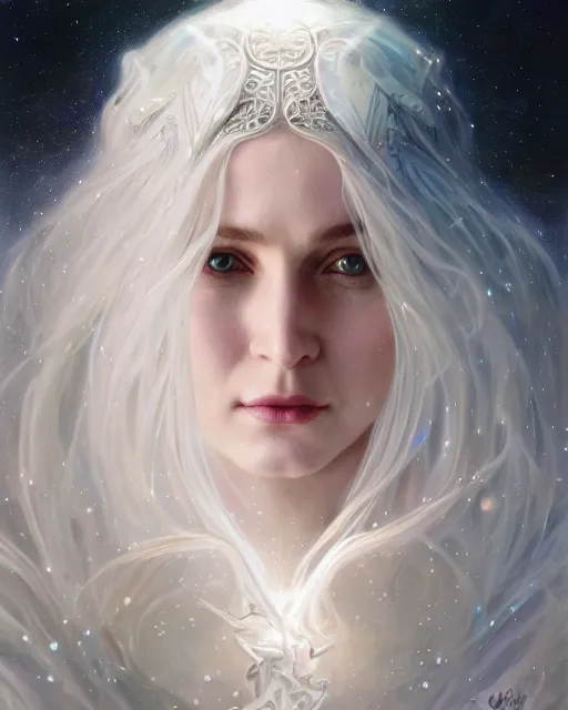 Prompt: realistic portrait of a beautiful white witch, bright, beautiful, heroic pose, beautiful face, magic, dramatic lighting, intricate, wild, highly detailed, digital painting, artstation, concept art, smooth, sharp focus, illustration, art by artgerm and greg rutkowski and alphonse mucha, footage from space camera