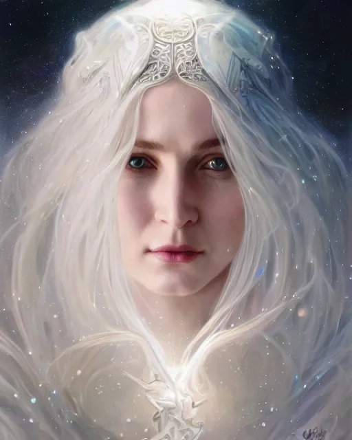 Image similar to realistic portrait of a beautiful white witch, bright, beautiful, heroic pose, beautiful face, magic, dramatic lighting, intricate, wild, highly detailed, digital painting, artstation, concept art, smooth, sharp focus, illustration, art by artgerm and greg rutkowski and alphonse mucha, footage from space camera