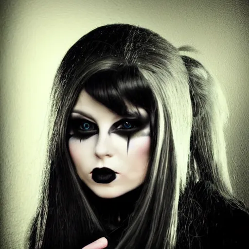 Image similar to modeling photograph kerli koiv as blind mag from genetic opera, blonde, beautiful, dark, mysterious, bubble goth, detailed symmetrical face, half body shot, fog dramatic, teen