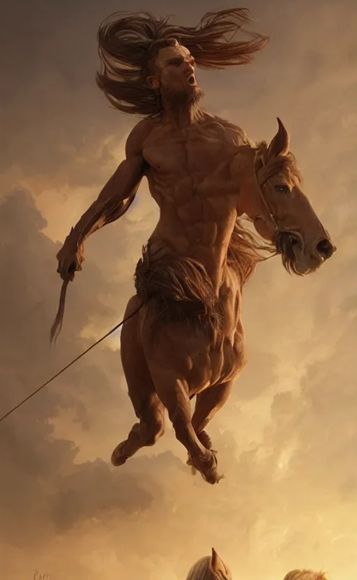 Prompt: Portrait of a centaur, male, detailed face, fantasy, highly detailed, cinematic lighting, digital art painting by greg rutkowski