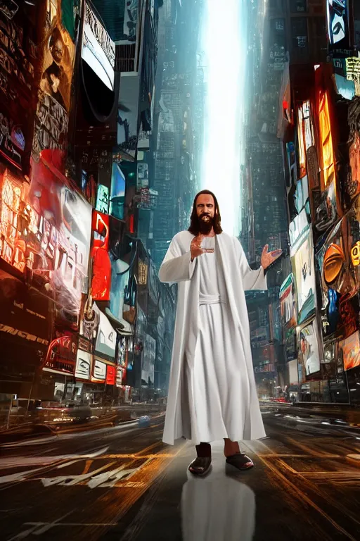 Prompt: jesus christ wearing a white robe with robotic arms and robotic legs walks in downtown new york in the future, intricate, hyper detailed, accent lighting, dramatic light, 4 k octane render