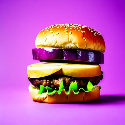 Image similar to a stock photo of a banana burger on a purple background, product photography, f 2. 4, bokeh effect, award winning