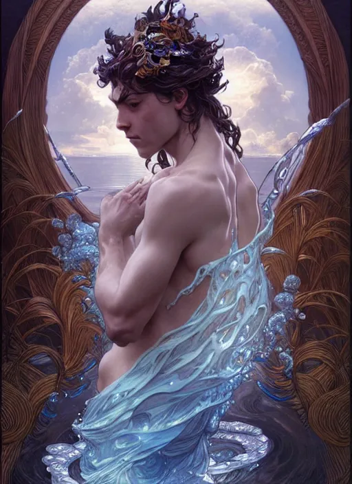 Prompt: a god of water, with hands and hair turning into water, fantasy, intricate, elegant, highly detailed, digital painting, artstation, concept art, wallpaper, smooth, sharp focus, illustration, art by artgerm and greg rutkowski and alphonse mucha