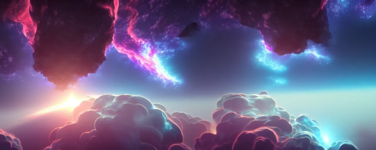 Prompt: cinematic render of atmospheric space, nebula, homeworld skies, volumetric lighting, cumulous fractal smoke pillars