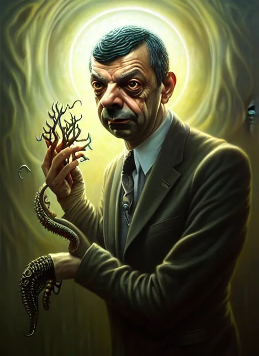 Image similar to lovecraft biopunk portrait of rowan sebastian atkinson by tomasz alen kopera and peter mohrbacher