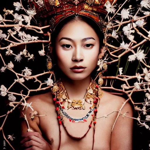 Prompt: photography of the asian queen sitting in the flower thorn, beautiful face, masterpiece costume, jewellery, high quality, elegant, emotionally touching, cool, deep gaze, mystery, tenderness, annie leibowitz style