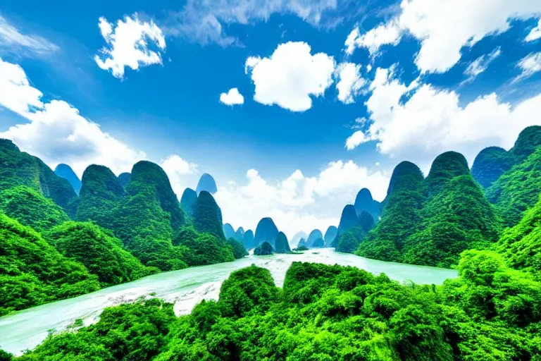 Image similar to wide, lush scenic landscape, grand majestic mountains, valley, river, karst chinese limestone mountains, blue sky, white clouds, professional photography, realistic, highly detailed, 8 k