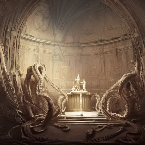 Prompt: the altar of Medusa, shrine with statues, hyperdetailed, artstation, cgsociety, by greg rutkowski, by Gustave Dore