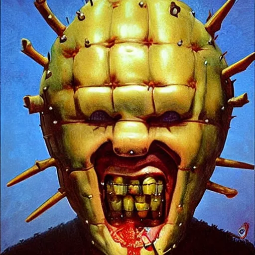 Prompt: portrait of pinhead from hellraiser being eaten by a giant hamburger. painting by karol bak, greg hildebrandt, and mark brooks, hauntingly surreal, gothic, horrifying fear