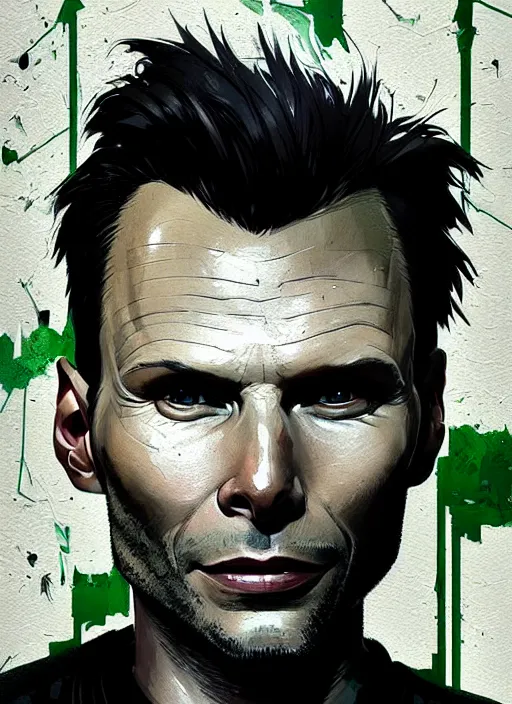 Image similar to highly detailed portrait of beautiful christian slater, stubble, old, as mr robot, grey hair, by atey ghailan, by greg rutkowski, by greg tocchini, by james gilleard, by joe fenton, by kaethe butcher, gradient green, black and white color scheme, grunge aesthetic!!! ( ( graffiti tag wall background ) )