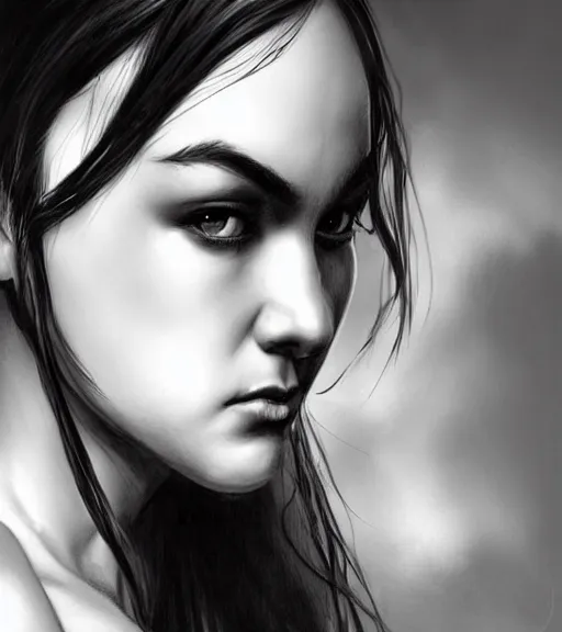 Image similar to sasha grey, beautiful piercing eyes, realistic face, black and white drawing, in the style of greg rutkowski, fantasy, amazing detail, epic, intricate, elegant, smooth, sharp focus