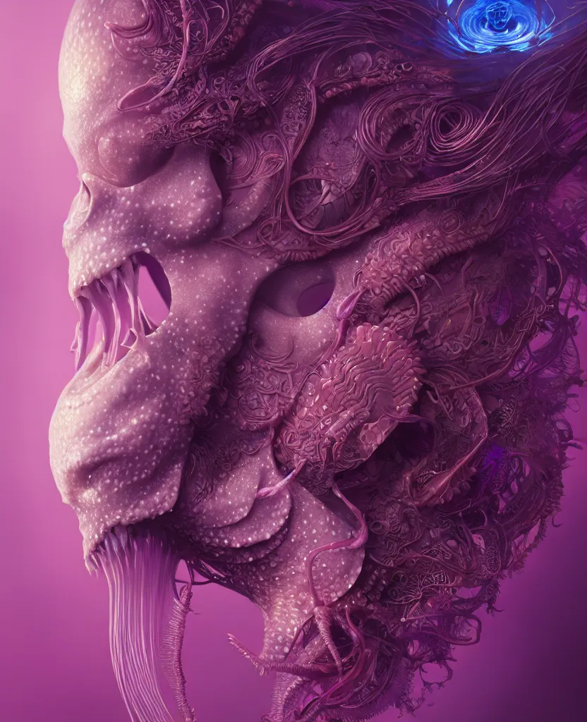 Image similar to goddess close-up portrait. chimera orchid jellyfish phoenix head, nautilus, skull, betta fish, bioluminiscent creatures, intricate artwork by Tooth Wu and wlop and beeple. octane render, trending on artstation, greg rutkowski very coherent symmetrical artwork. cinematic, hyper realism, high detail, octane render, 8k