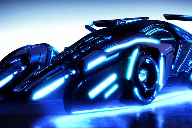 Image similar to cyberpunk tron concept inspired car, futuristic look, highly detailed body, very expensive, photorealistic camera shot, bright studio setting, studio lighting, crisp quality and light reflections, unreal engine 5 quality render