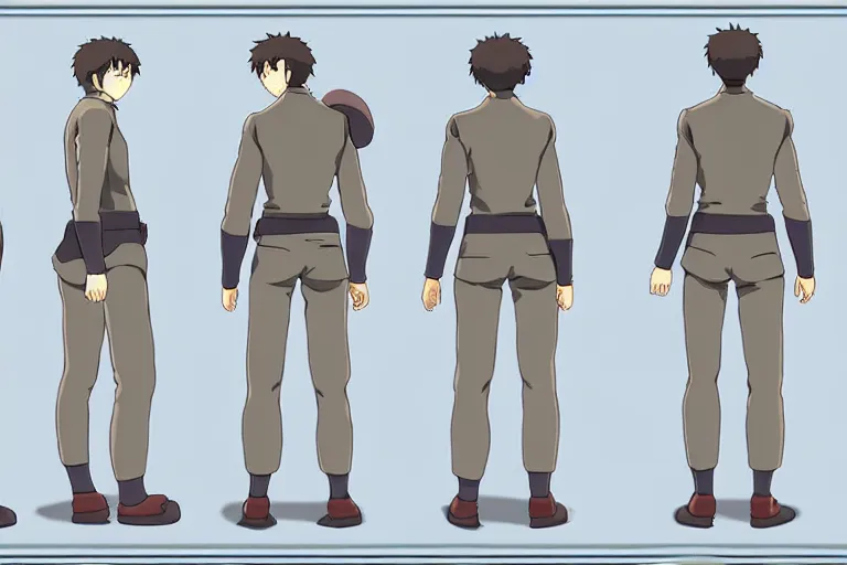 Image similar to a reference sheet containing three pictures of a t position hero by ghibli studio, front back view and side view, t position proportions, ready to model,