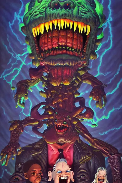 Image similar to a hyperrealistic painting of an epic boss fight against monster hey arnold!! ornate supreme dark overlord, cinematic horror by chris cunningham, lisa frank, richard corben, highly detailed, vivid color,