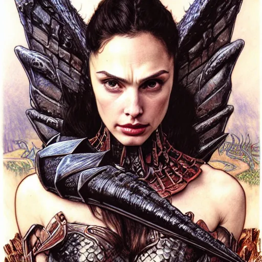 Image similar to head and shoulders portrait of an armored erinyes devil with huge bat wings, portrayed by gal gadot, d & d, fantasy, luis royo, magali villeneuve, donato giancola, wlop, krenz cushart, hans zatka, klimt, alphonse mucha