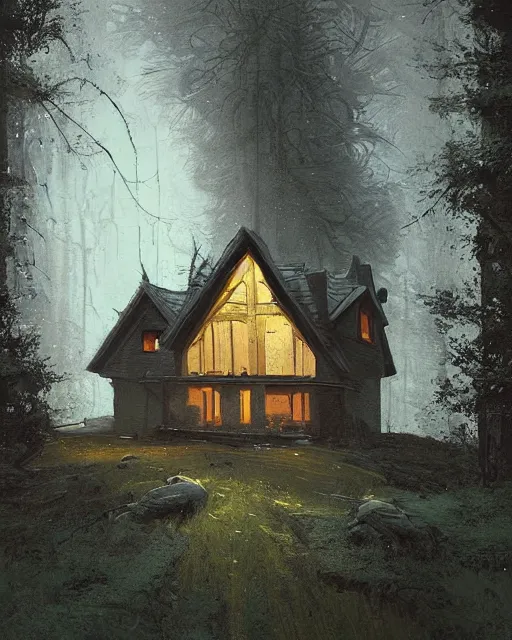 Image similar to a highly detailed epic cinematic concept art CG render digital painting artwork: Lone house in the woods at night. By Greg Rutkowski, in the style of Francis Bacon and Syd Mead and Norman Rockwell and Beksinski, open ceiling, highly detailed, painted by Francis Bacon and Edward Hopper, painted by James Gilleard, surrealism, airbrush, Ilya Kuvshinov, WLOP, Stanley Artgerm, very coherent, triadic color scheme, art by Takato Yamamoto and James Jean