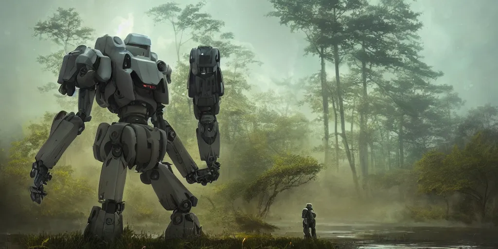 Prompt: concept art of heavy mecha trooper, trees, puddles of water, bushes and leafs, by filip hoda, beeple, greg rutkowski, octane render, cryengine, details, hyper realistic