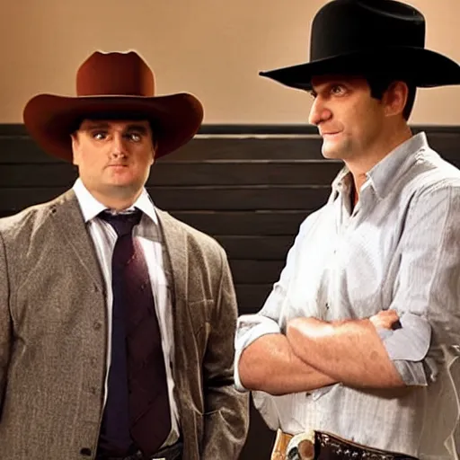 Prompt: Tim Robinson and Sam Richardson from I think You should Leave, wearing the Lone Ranger cowboy hat and face disguise, photo from the sitcom Hot Shots Megee