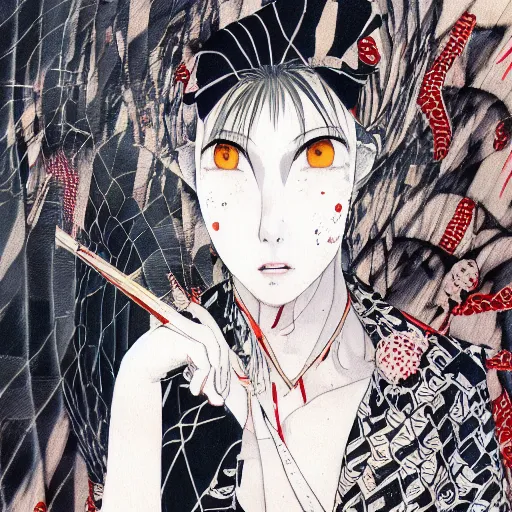 Image similar to yoshitaka amano blurred and dreamy realistic illustration of a woman with black eyes and white hair wearing dress suit with tie, junji ito abstract patterns in the background, satoshi kon anime, noisy film grain effect, highly detailed, renaissance oil painting, weird portrait angle, blurred lost edges, three quarter view