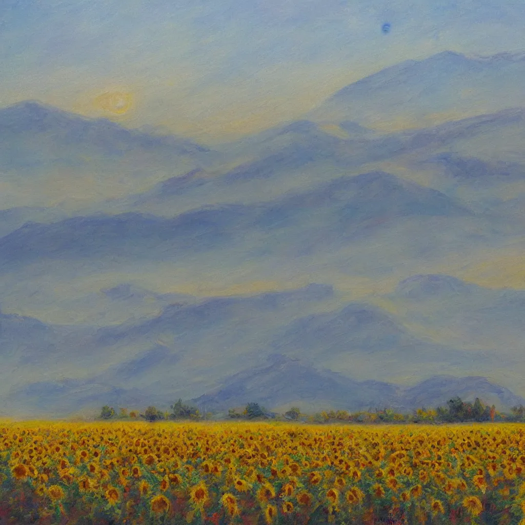 Prompt: impressionism painting of a field of sunflower on a foggy morning, red barn in distance, sun low on horizon through snow capped mountains, soft light