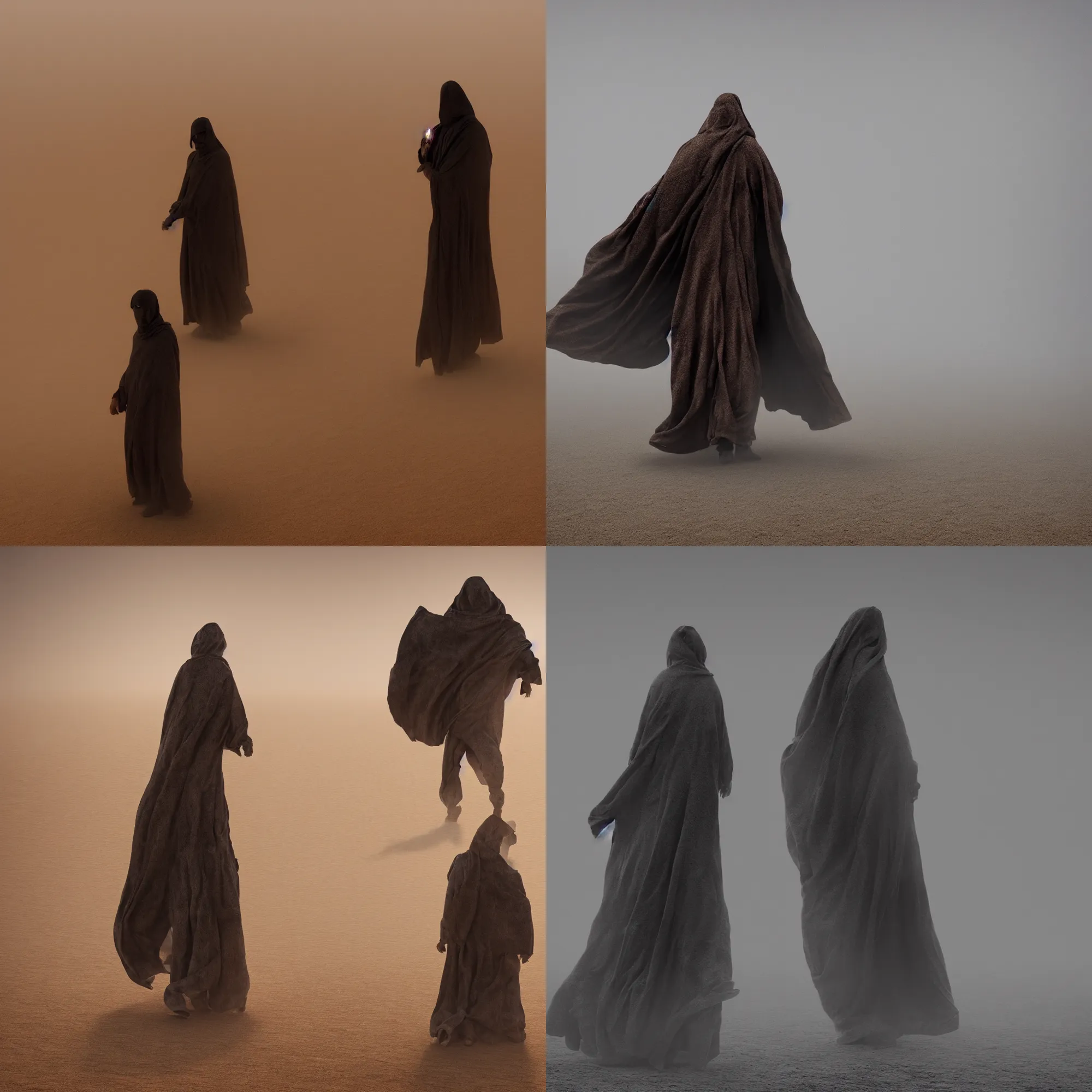 Prompt: mysterious figure in striking cloak walking through sandstorm in desolate desert, buried city, global illumination, hyper-realistic, insanely detailed and intricate, cinematic 8k