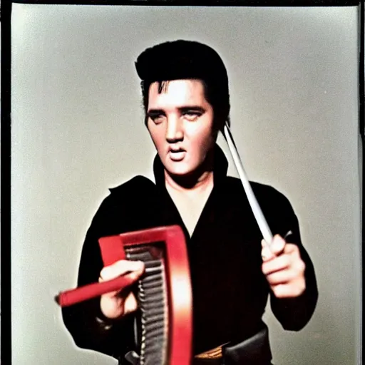 Prompt: elvis presley holding a katana, color Polaroid,