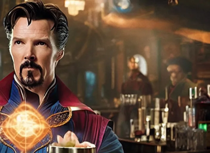 Image similar to film still of Doctor Strange working as a bartender in the new Avengers movie, 4k