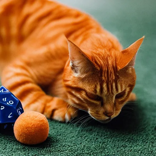 Image similar to realistic orange tabby cat lying in a sunbeam, the cat is next to a pile of D&D polyhedral dice, the cat is sleeping, award-winning photography, cozy, golden hour