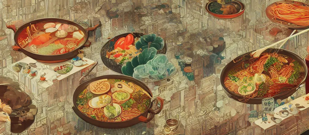 Prompt: a beautiful hyperdetailed 4 k hd wall paper illustration of roasted string hotpot, wallpaper design, simple style, marketing kebab hotpot wallpaper display, wall painting, from china, with merchant logo, simple structure, surrealistic, chinese style, victo ngai, james jean