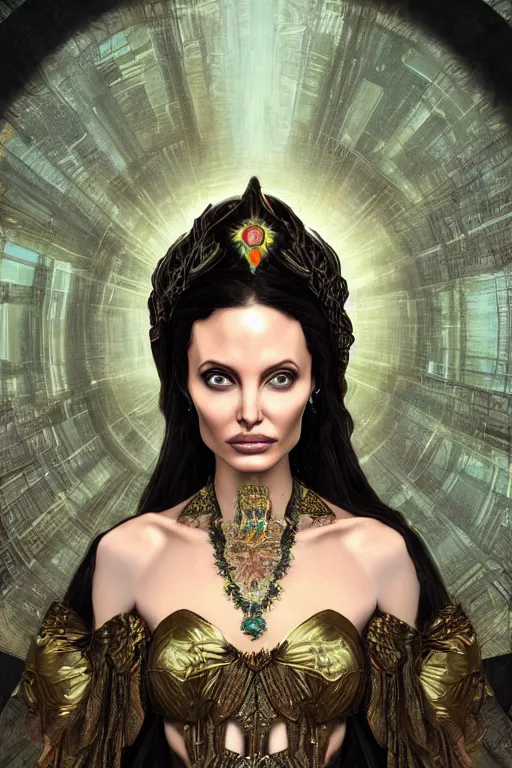 Prompt: a realistic dark photo of a beautiful ancient alien woman goddess angelina jolie in jewelery and fractals in style of alphonse mucha art nuvo dmt trending on artstation made in unreal engine 4