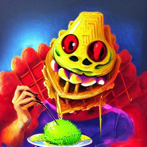 Image similar to a tennis ball monsters eating waffles, colorful, digital art, fantasy, magic, chalk, trending on artstation, ultra detailed, professional illustration by basil gogos