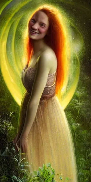 Image similar to young woman, smiling amazed, surrounded by firefly lights, full covering intricate detailed dress, amidst nature, long red hair, precise linework, accurate green eyes, small nose with freckles, beautiful smooth oval shape face, empathic, expressive emotions, dramatic lights, hyper realistic ultrafine art by artemisia gentileschi, jessica rossier, boris vallejo