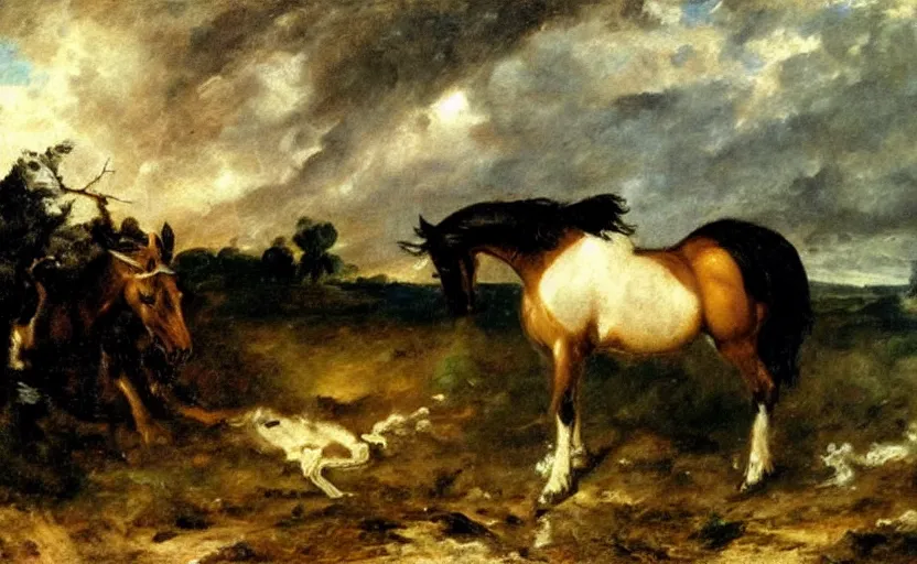 Prompt: oil painting by delacroix of a horse bored by a thunderstorm.