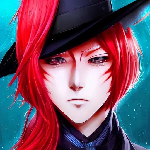 Image similar to semi realistic anime illustration of top hat wearing red haired effeminate man, with beautiful hyperdetailed eyes, facing camera directly, full face portrait made by Stanley Artgerm, WLOP, Rossdraws, James Jean Andrei Riabovitchev, Marc Simonetti, Yoshitaka Amano, Artstation