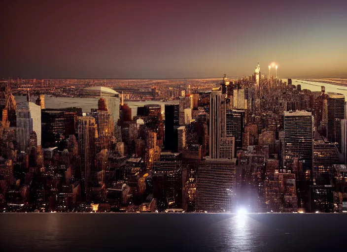 Image similar to film still of the moon shattering into pieces over manhatten in the new disaster movie, 8 k, night time