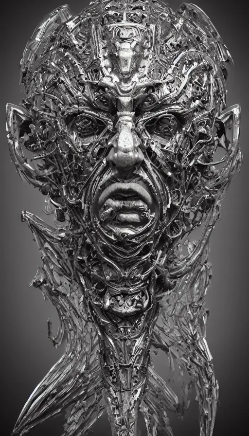 Prompt: ancient biomechanical hybrid slavic thunder god armored head fantasy human angel face mask tattoo pattern concept, glagolitic glyph, intricate artwork by, Johnatan Wayshak, Zdizslaw Beksinski, Artgerm, H.R. Giger, very coherent artwork, cinematic, hyper realism, high detail, octane render, unreal engine, 8k, High contrast, higly detailed black ink outline, crosshatch sketch gradient