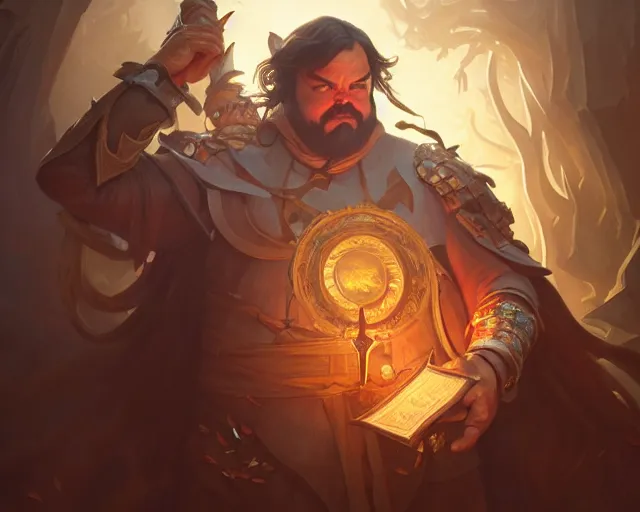 Image similar to photography of jack black, deep focus, d & d, fantasy, intricate, elegant, highly detailed, digital painting, artstation, concept art, matte, sharp focus, illustration, hearthstone, art by artgerm and greg rutkowski and alphonse mucha