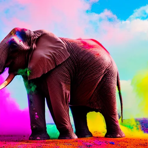 Prompt: photograph of happy elephant covered in bright-colored powder, holi, sharp focus, cinematic lighting, rim lighting, clouds of colored powder flying in the background, enhanced, 4k, hd, flickr