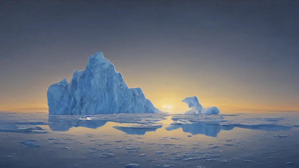 Prompt: the most beautiful panoramic landscape, oil painting, where a giant iceberg is lost in the frozen artic ocean, a giant polar bear is exhaling steam while walking over the iceberg, the frozen artic ocean is reflecting the giant polar bear and the ray lights of the sunrise are brightening him, by greg rutkowski