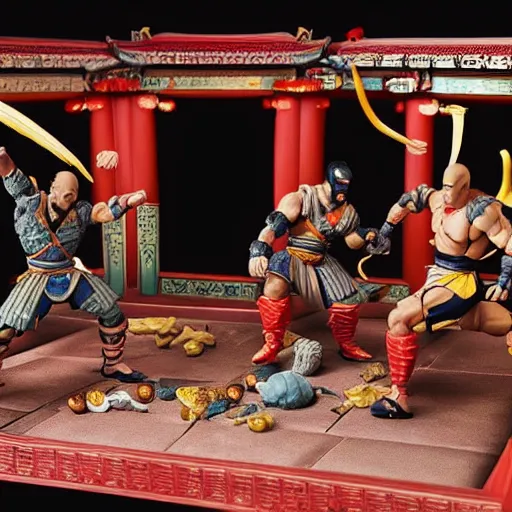 Image similar to photo of figma figures inside a diorama, depicting the fighters of mortal kombat brutally fighting each other inside a shaolin temple.