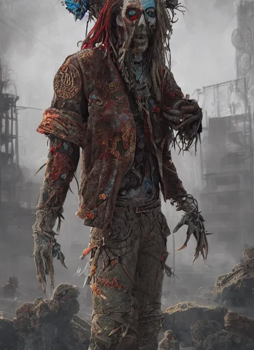 Image similar to detailed full body concept art, illustration matte painting, Rob Zombie pilot in full intricate colorful clothing, ultra detailed, digital art, octane render, 4K, dystopian, micro details